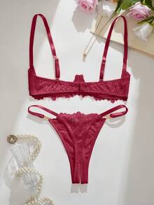 性感内衣，时尚粉色花朵蕾丝内衣套装，无罩杯文胸和内裤 - 酒紅色 - 查看 2