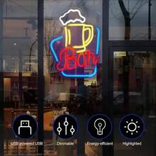 Neon Bar Sign | Multi-Color LED Wall Decor With Adjustable Brightness | USB Powered | Beer Mug Design In Yellow, Red & Blue | Durable Plastic | Ideal For Home Bars And Party Lighting, Home Bar Accessory | Playful Neon Sign | Vibrant Neon Lights