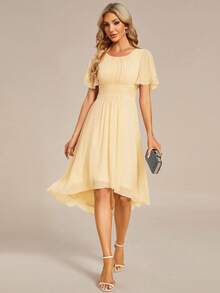 Women's Spring Elegant Ruffle Sleeve Floral Print Chiffon Yellow Bridesmaid Dress, Formal Wedding Guest Dress - Yellow - View 5