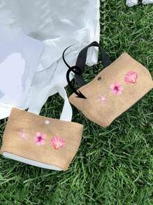 1 pezzo Borsa a tracolla stile bohémien con stampa di ibisco mutabilis, stella marina, cocco e lettera, adatta per la spiaggia e le vacanze, leggera per uso quotidiano, commuting e shopping, elegante borsa estiva da viaggio, borsa da spiaggia estiva alla moda (misura mini)