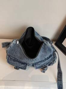 New Casual Chic Soft Jeans Shoulder Bag With Flap Pocket Design, Versatile Commuting Adjustable Shoulder Strap Crossbody Bag, Casual Student Bag, Suitable For Work Commuting, Shopping, Traveling And School.