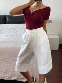 Livesso Women's Solid Color Overlap V-Neck Short Sleeve T-Shirt, Summer - Burgundy - View 2