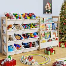 This Large Toy Storage Box Contains 12 Storage Boxes And Has A Four-Tier Shelf. It Is A Large-Capacity Wooden Frame Storage Cabinet That Can Store Plush Toys, Building Blocks, Storybooks, Etc. It Is Suitable For Decorating Rooms, Playrooms, Nurseries, And Living Rooms. It Is Sturdy And Durable, And Can Also Be Given As A Halloween Or Christmas Gift. - 白色 - 查看 1