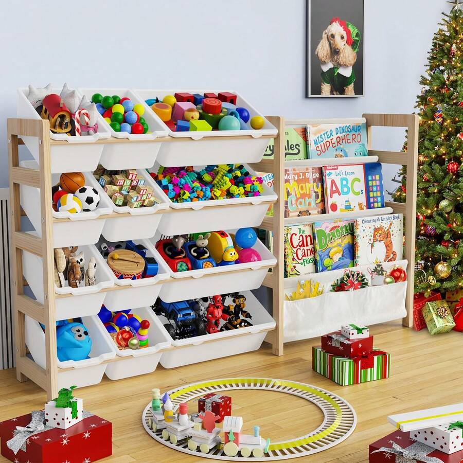 This Large Toy Storage Box Contains 12 Storage Boxes And Has A Four-Tier Shelf. It Is A Large-Capacity Wooden Frame Storage Cabinet That Can Store Plush Toys, Building Blocks, Storybooks, Etc. It Is Suitable For Decorating Rooms, Playrooms, Nurseries, And Living Rooms. It Is Sturdy And Durable, And Can Also Be Given As A Halloween Or Christmas Gift. - 白色 - 查看 1