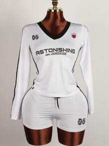 Inmen 夏季性感纯色修身两件套，长袖V领字母印花上衣搭配绷带短裤，适合夜店穿着