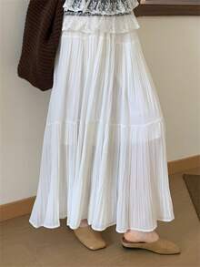 Women's Pleated Flowy Maxi Skirt - Summer A-Line Beach Skirt With Elastic Waist For Vacations/Resort Wear/Street Style, Lightweight Wrinkle-Resistant Lounge Skirt In Solid Colors - 白色 - 查看 4