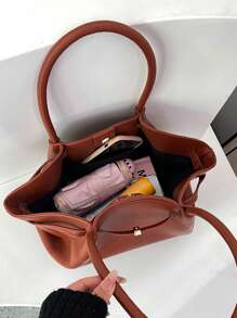 1pc Ladies Retro Solid Color PU Leather Shoulder Bag, Large Capacity Handbag With Double Handles And Snap Closure, Suitable For Travel, Shopping, Dating, Gifts For Women, Fit For Teenagers, College Students, Beginners And Office Ladies, Great For Office, School, Work, Business, Commuting, Outdoor, Travel, Picnic