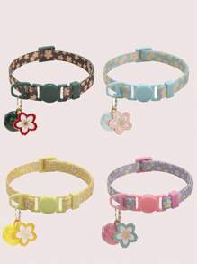 1pc Polyester Flower Print Pet Collar With Cherry Blossom Charm And Bell, Quick Release Buckle, Adjustable Size Suitable For Cats And Small Dogs, Seasonal Use