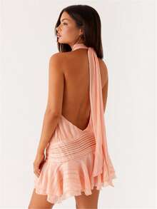 Women's Pleated Waist Sheer Mesh Ruffle Mini Dress Summer Casual Halter Neck High Neck Bodycon Short Dress Self-Tie Backless Sundress Party Clubwear - 橘色 - 查看 4