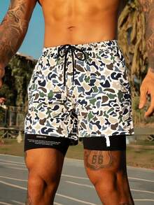 Men's Double-Layer Geometric Print Sports Shorts, Casual Street Style, Comfortable, Versatile, Suitable For Gym - Green - View 1