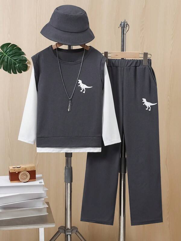 Tween Boy Comfortable Sports Style Long Sleeve Top, Pants & Hat 3-Piece Set, Autumn Waffle Print Long Sleeve T-Shirt & Pants Set, Casual Outfit For Everyday, School, Outdoor, Spring/Summer/Autumn