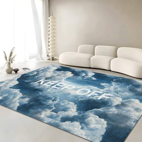 1pc Luxurious Blue Sky White Cloud "KEEP OFF" Funny Letter Print Fashionable Rug, European And American Inspiring English Graphics Creative Area Rug, Gold Velvet 650gsm Silicone Bottom Rectangle Soft Large Rug, Suitable For Yard, Camping, Entrance, Living Room, Bedroom, Game Room, Machine Washable All Season Carpet, Home Decor