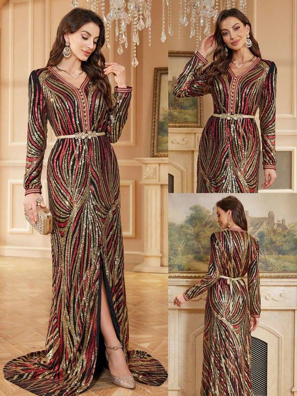 Abito elegante da festa con scollo a V, maniche lunghe, motivo a righe zebrate e paillettes, con cintura staccabile per donna