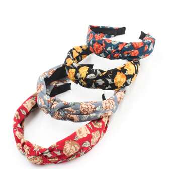 4pcs Floral Print Boho Wide Fabric Twist Headbands, Versatile For All Seasons
