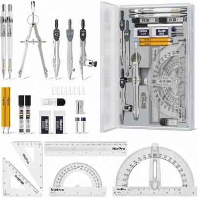 22 PCS Geometry Tools With, Drafting Tools Geometry Set With Swing Arm Protractor, Rulers, Metal, Divider, Square Set, Pencil, Back To School Supplies Students
