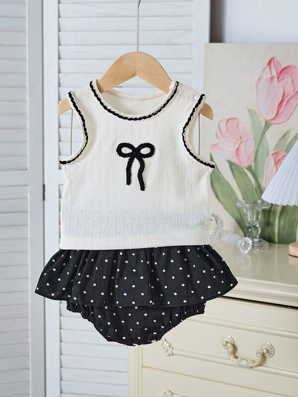 2pcs/Set Baby Girl Summer Sleeveless Vest Top + Ruffle Shorts Outfit, Cute Bow & Polka Dot Print