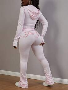 FQLWL 女士休闲街头风运动套装，印花拉链连帽衫和长裤套装，长袖两件套 - 粉色 - 查看 3