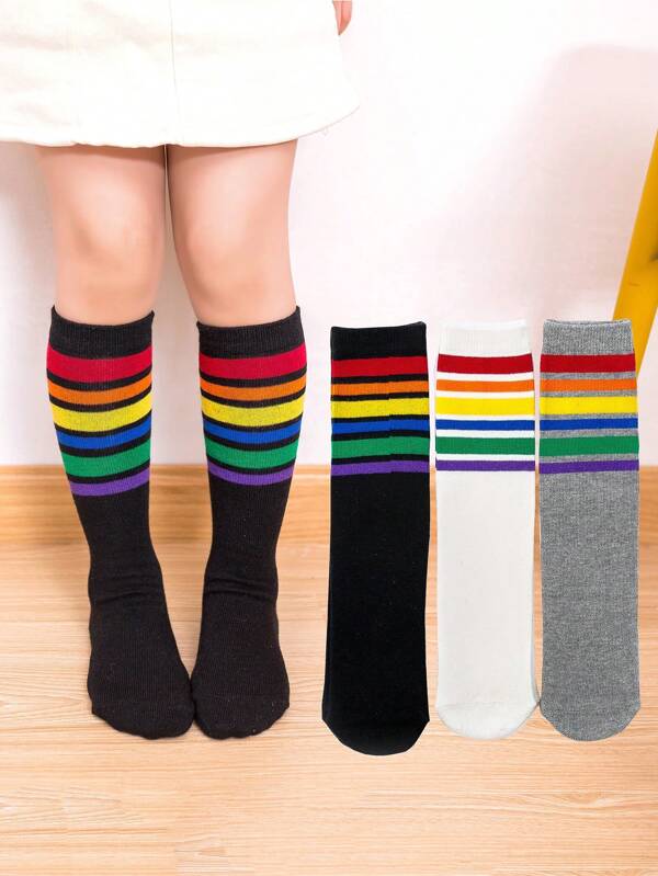 3 Pairs Kids Children Football, Basketball, Baseball Knee High Striped Uniform Socks, For Boys And Girls