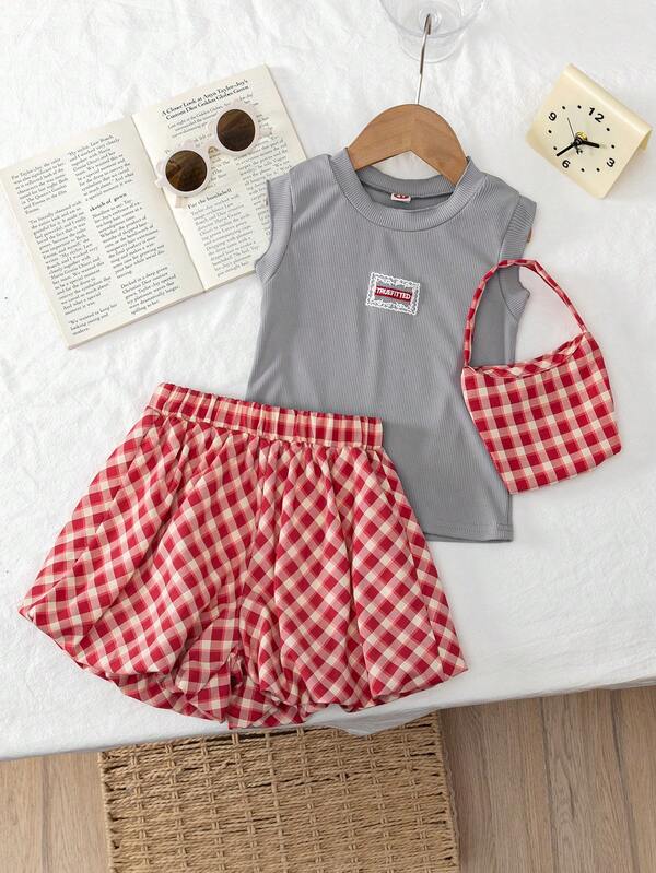 3pcs/Set Young Girls Fashionable Casual Ruffled Sleeveless Lace-Trim Tank Top + Versatile Red Patch Ruffle Shorts + Matching Patch Casual Handbag