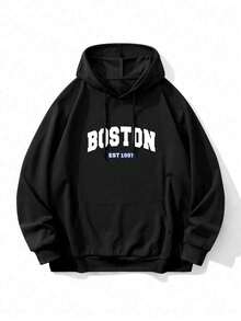 男士 Boston EST 1997 復古印花套頭運動衫，寬鬆休閒長袖街頭風衛衣，適合戶外運動、健身房健身上衣 - 黑色 - 查看 3