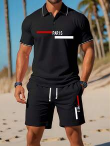 男士夏季印花短袖纽扣 Polo 衫和短裤套装，时尚海滩度假休闲运动外出 Polo 领撞色上衣松紧腰抽绳裤两件套，通勤工作高尔夫钓鱼露营礼物，送给男朋友/丈夫
