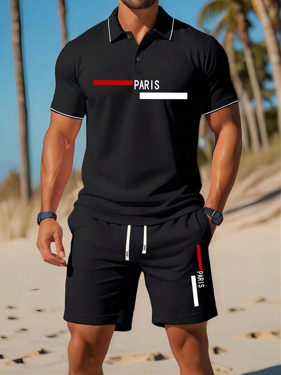 男士夏季印花短袖纽扣 Polo 衫和短裤套装，时尚海滩度假休闲运动外出 Polo 领撞色上衣松紧腰抽绳裤两件套，通勤工作高尔夫钓鱼露营礼物，送给男朋友/丈夫