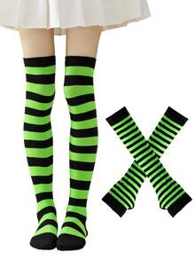 一套过膝袜+袖套，适合春秋季穿着，露指条纹套装，适合欧美圣诞约会派对、狂欢节派对、趣味角色扮演搭配、JK装扮、奇装异服，过膝袜舒适保暖 - 彩色 - 查看 5