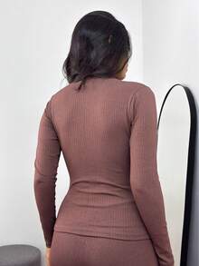 Cacharrel Women's Blouse, High Neck, Long Sleeve, Premium Ribbed, Simple, Knitted, Office - Rỉ Nâu - Xem 6