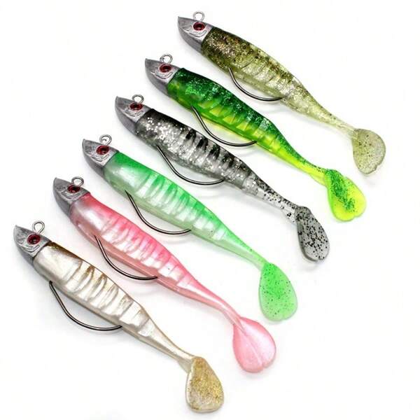 Leurre souple de 10 cm pesant 15,5 g, avec une queue en T de 13 cm pesant 26 g et un hameçon barbelé