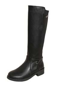 PU Leather Strap Buckle Patchwork Side Zipper Thick Heel Round Toe Casual Comfortable Versatile Autumn/Winter Fashion Boots, Non-Elastic Boot Shaft - Black - View 9