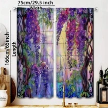 2pcs-[Purple Floral Print Artistic Drapes] Wisteria Stained Glass Curtains Dreamy Garden Style Purple Floral Print Artistic Painted Design Romantic Spring Drapes Colorful Leaves Pattern Rod Pocket Set Of 2 Panels For Living Room Bedroom Kitchen Bathroom Window Sun Shade
