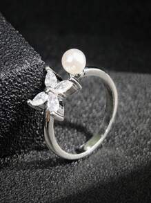 MOONSO 1 anel elegante de zircônia e pérola ajustável, estilo aberto, para mulheres, versátil para festas e reuniões