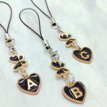 1pc Metallic Heart & Alphabet Letter A-Z Charm Phone Pendant - Black - View 4