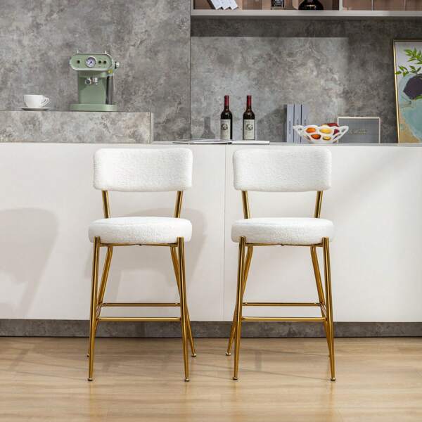 24"Counter Height Modern Teddy Fleece Bar Stools With Metal Legs White,Gold