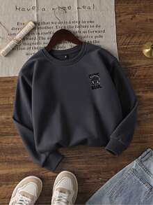 青少年女孩休闲图案印花圆领长袖运动衫，秋冬 - 深灰色 - 查看 4