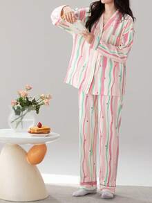 [PONX]2pcs/Set Women Soft Sleepwear Pajama Set, V-Neck Long Sleeve Top And Pants, Comfortable For Home Wear, Spring/Autumn, Fall Winter Clothes - Multicolor - View 4