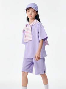 Balabala 儿童短袖套装两件套中大童男童女童简约休闲夏装 - 紫色 - 查看 3
