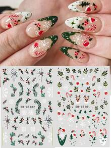 2 pezzi Adesivi per unghie natalizi 3D con disegni verdi, ghirlande, fiocchi di neve bianchi, adesivi autoadesivi per decorazione di unghie acriliche, per manicure di donne e ragazze