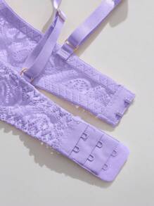 性感内衣，时尚粉色花卉蕾丝文胸内裤套装，无钢圈文胸和内裤 - 紫羅蘭色 - 查看 4