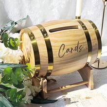 Caja portarretratos de boda de madera marrón, para recepción, caja de tarjetas de regalo tipo barril de whisky para fiestas, caja de sobres de boda con ranuras y soportes, para graduación, despedida de soltera, cumpleaños, decoración de mesa de boda, regalos de verano, artículos escolares, decoración de habitación - caja de tarjetas de boda - Ver 10