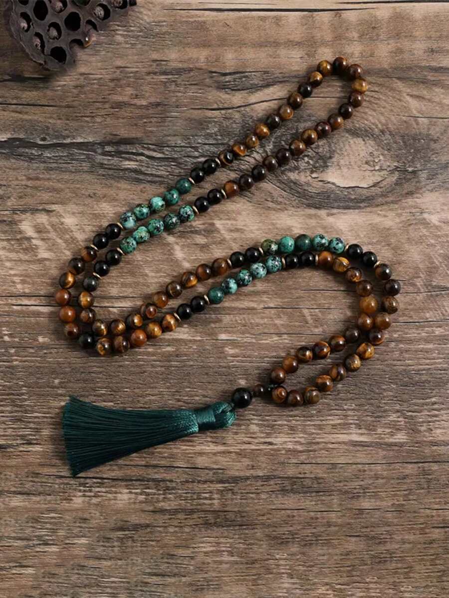 Bohemia Style Tassel Necklace 8mm African Turquoise Black Onyx Tiger Eye Beaded 108 Mala Prayer Necklace Japamala Yoga Meditation Jewelry For Men And Women - Multicolor - View 1