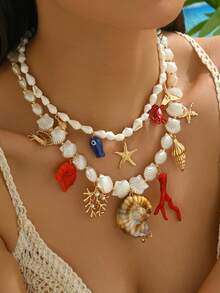 1 件优雅时尚女士夏季海洋元素波西米亚珠宝项链，金海星，小鱼，贝壳，海螺，人造珍珠镶嵌，天然贝壳 DIY 串珠，红珊瑚，树脂吊坠，陶瓷彩绘小鱼，精致多层女士项链，适合海滩、派对佩戴。 - 彩色 - 查看 12