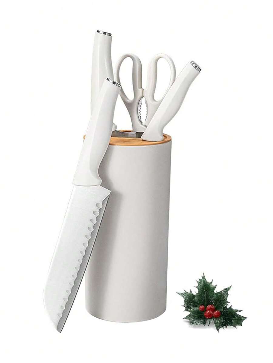 Juego de cuchillos, juego de cuchillos de cocina de chef profesional de 5 piezas, juego de cuchillos ultra afilados con soporte universal para cuchillos, juego de soporte para cuchillos de cocina de acero inoxidable resistente al óxido, diseño ergonómico - Blanco - Ver 1