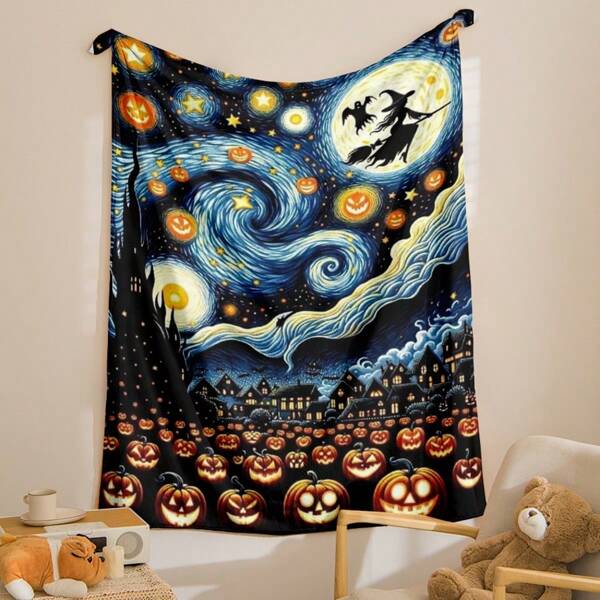 Couverture en flanelle de style vintage d'Halloween - Design Van Gogh, sorcière, citrouille, motif ciel étoilé. Douce et chaude, convient pour toutes les saisons - Pour le canapé, le lit, le pique-nique et les cadeaux de fête