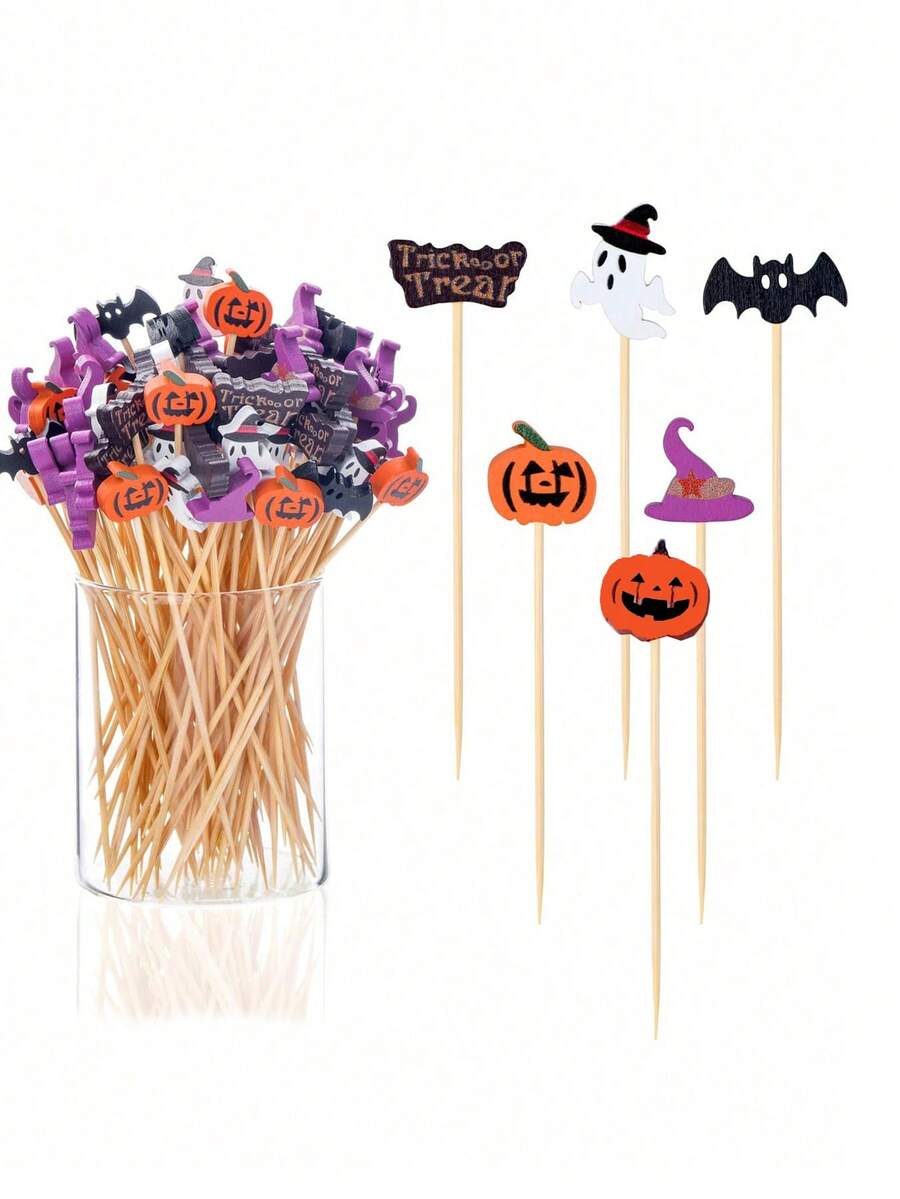 100pcs Halloween Toothpicks, Suitable For Appetizers, 4.7 Inch Natural Bamboo Cocktail Picks, Can Be Used For Cakes, Desserts, Fruits And Other Halloween Party Decorations - Multicolor - View 1
