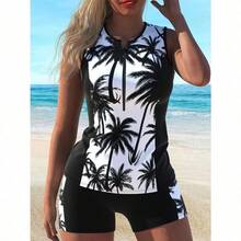 Minimally Casual Split Swimsuit With Flat Corner Pants, Tankini Black And White Coconut Patchwork Print, Slim Fit And Slimming Beach Vacation Swimsuit For Women - 黑色 - 查看 2