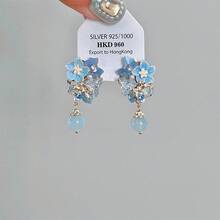New Chinese Style Ancient Light Luxury Blue  Pearl Geometric Flower Bowknot Earrings Sweet Exquisite Fresh Ear Jewelry - Hoa tai hình cầu zircon xanh - Xem 3