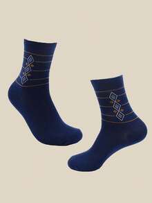 5 Pairs Assorted Men's Diamond Pattern Printed Casual Business Mid-Calf Socks, Retro Style Everyday Wear - Multicolor - View 2