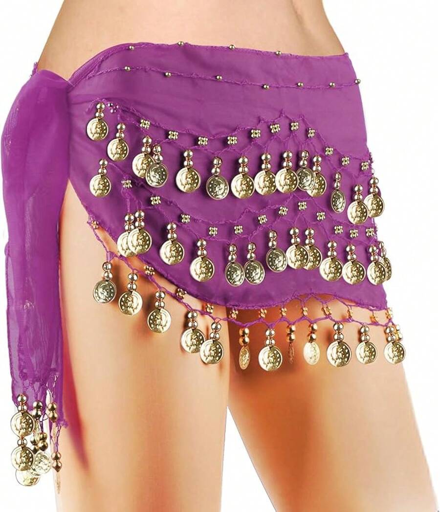 Chiffon Belly Dance Hip Scarf With 128 Coins For Yoga Class - 紫色 - 查看 1