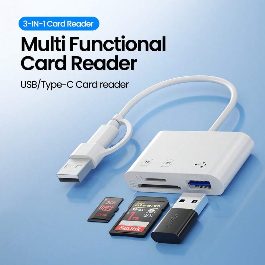 Type-C+USB Dual Connector Three In One Multifunctional Card Reader TF/SD/USB Three In One Card Reader For Mobile Phones, Cameras, Drones, And Computers - White - View 1